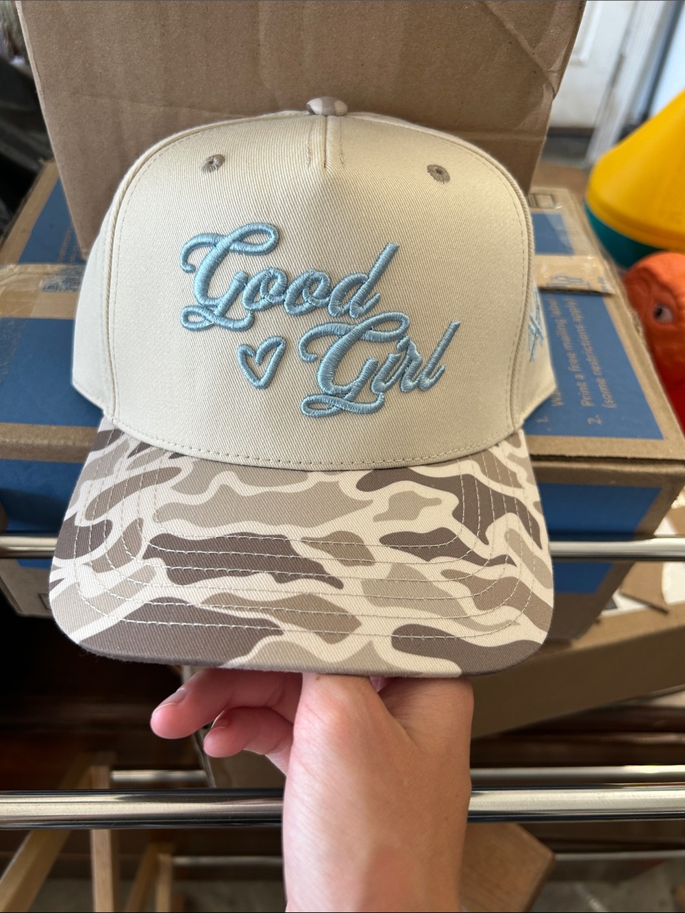 Good Girl Embroidered Cap in Beige with Camouflage Brim